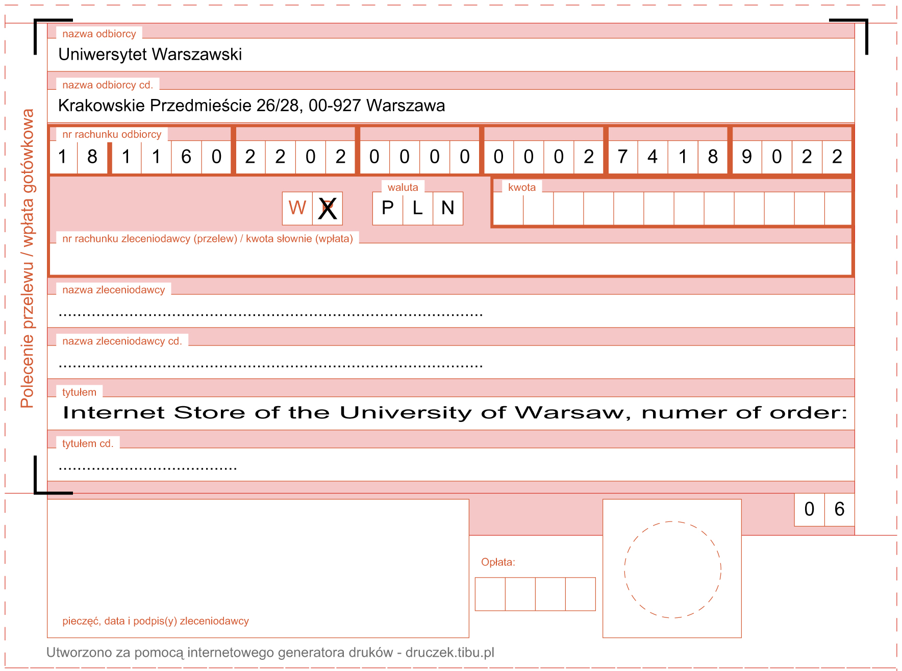 Polecenie przelewu wp3ata gotówkowa Sklep UW