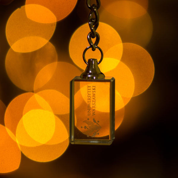 Glass key ring with the UW logo